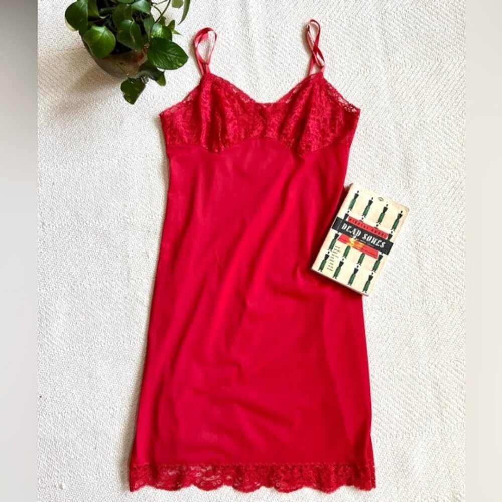 Vanity Fair Vintage Red Chemise Slip Lingerie with Lace Detail